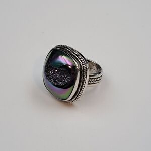 925 Sterling Silver Titanium Agate Druzy Ring Size 5